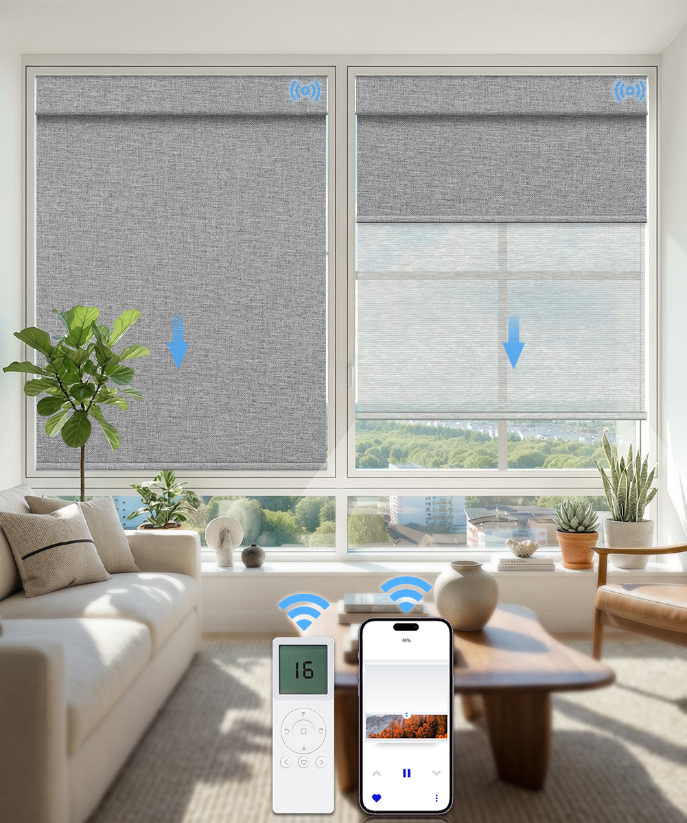 Motorized Dual Roller Shades, Blackout & Sheer, Custom Size