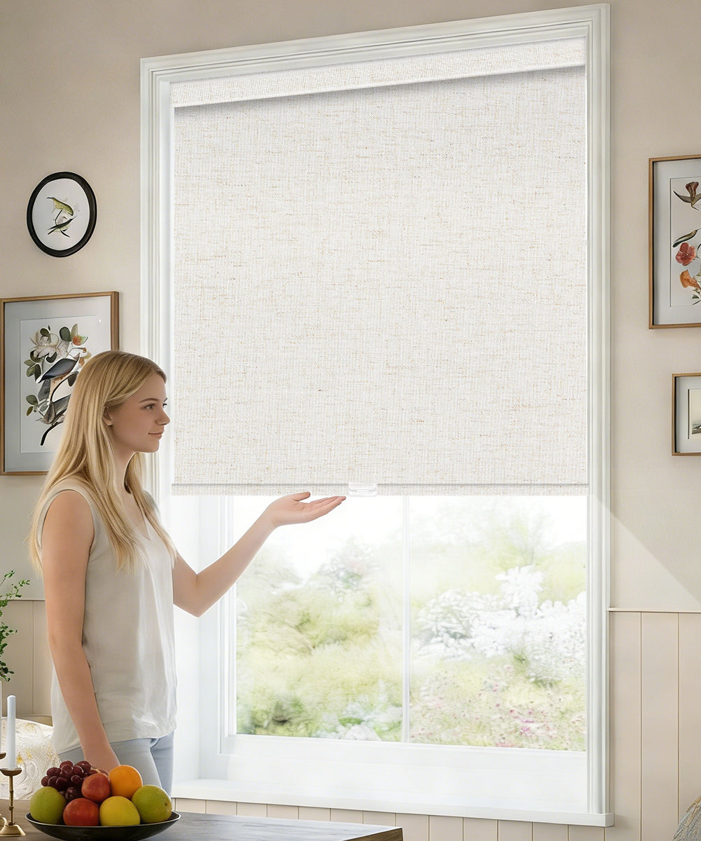 Tokblind motorized light filtering roller shade in living room