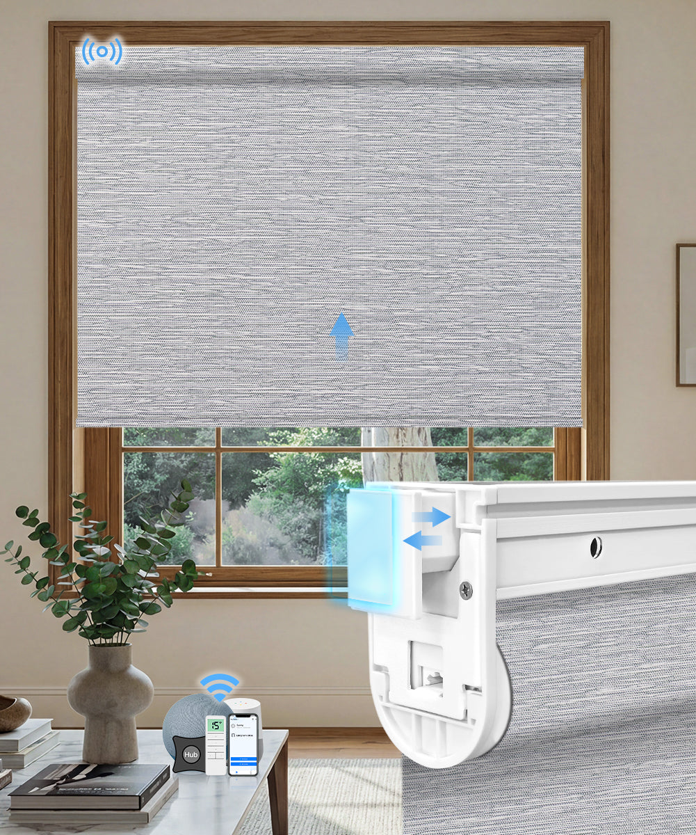 No drill motorized blackout roller shade texture grey