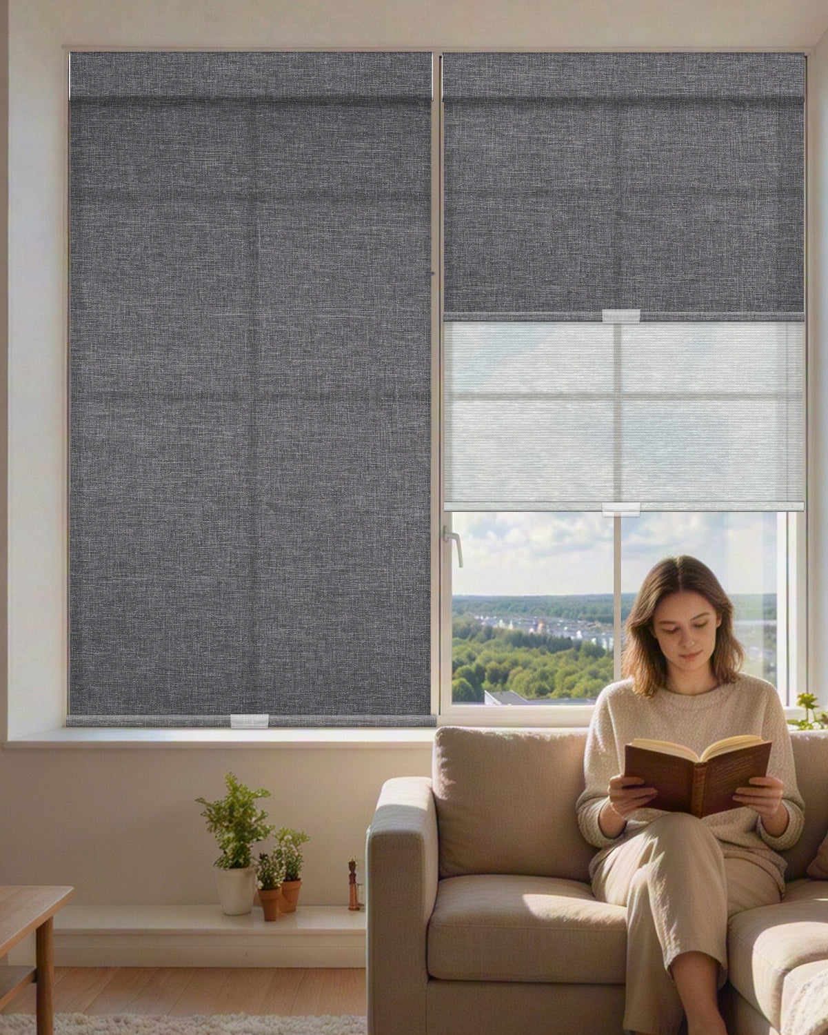 Manual Cordless Dual Roller Shades, Light Filtering & Sheer