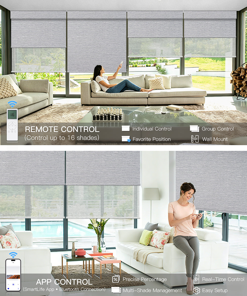 Motorized Dual Roller Shades, Blackout & Sheer, Custom Size