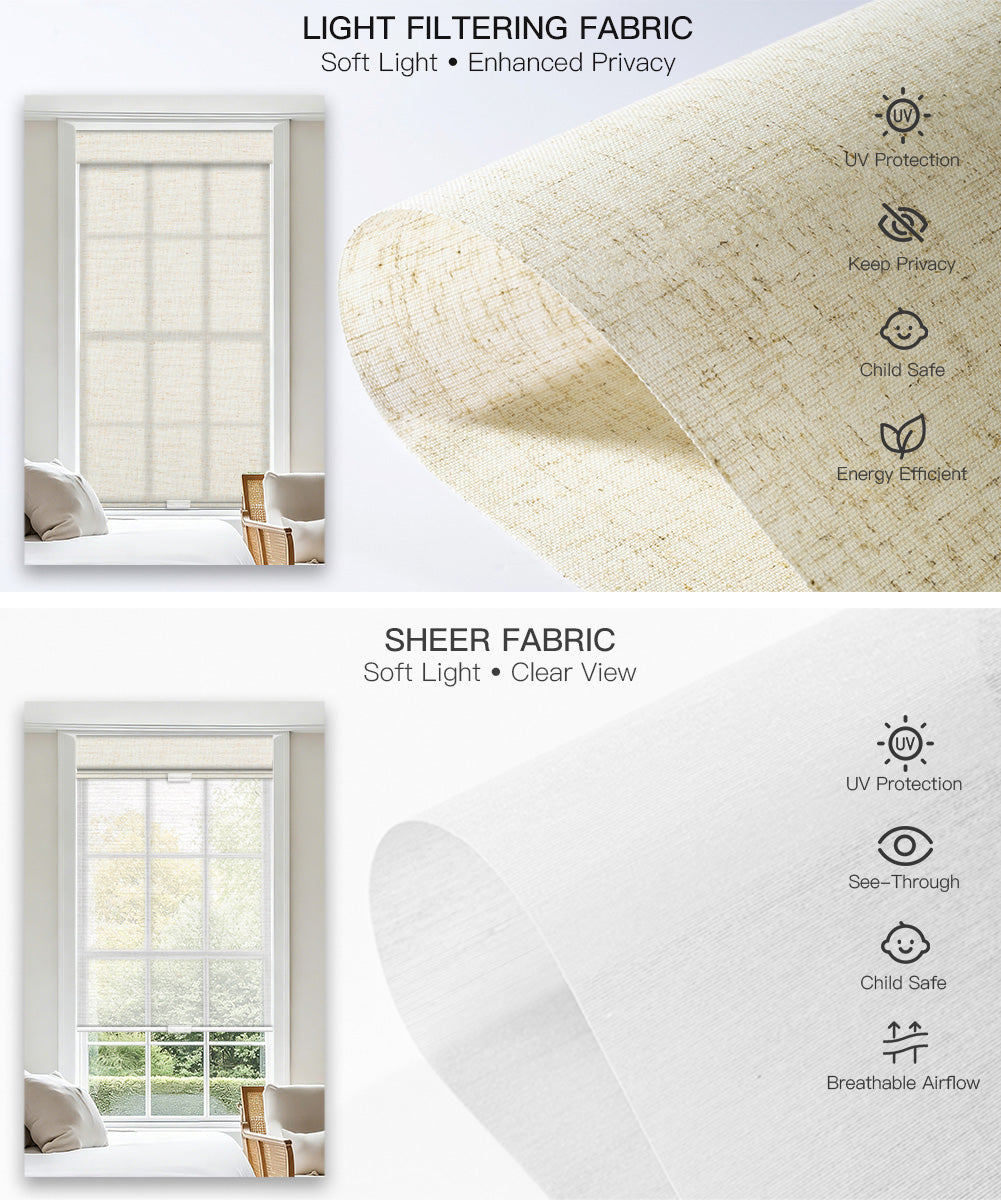 Manual Cordless Dual Roller Shades, Light Filtering & Sheer